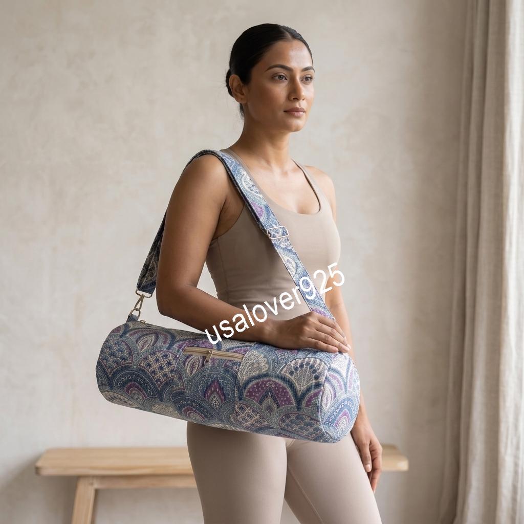 Handmade Quilted Cotton Yoga Mat Bag, Blue Purple Mosaic Carrier, Crossbody Sling Holder