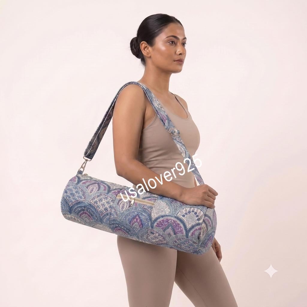 Handmade Quilted Cotton Yoga Mat Bag, Blue Purple Mosaic Carrier, Crossbody Sling Holder