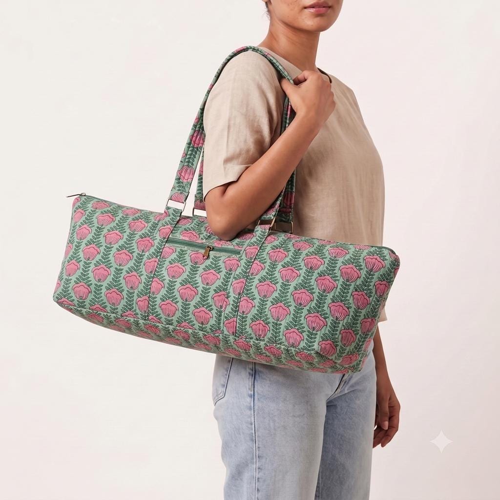 Green Floral Quilted Cotton Yoga Mat Bag, Handcrafted Duffle Weekend Travel Tote Carrier