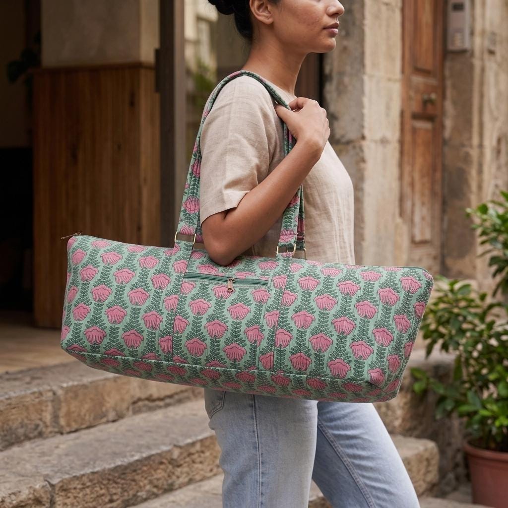 Green Floral Quilted Cotton Yoga Mat Bag, Handcrafted Duffle Weekend Travel Tote Carrier