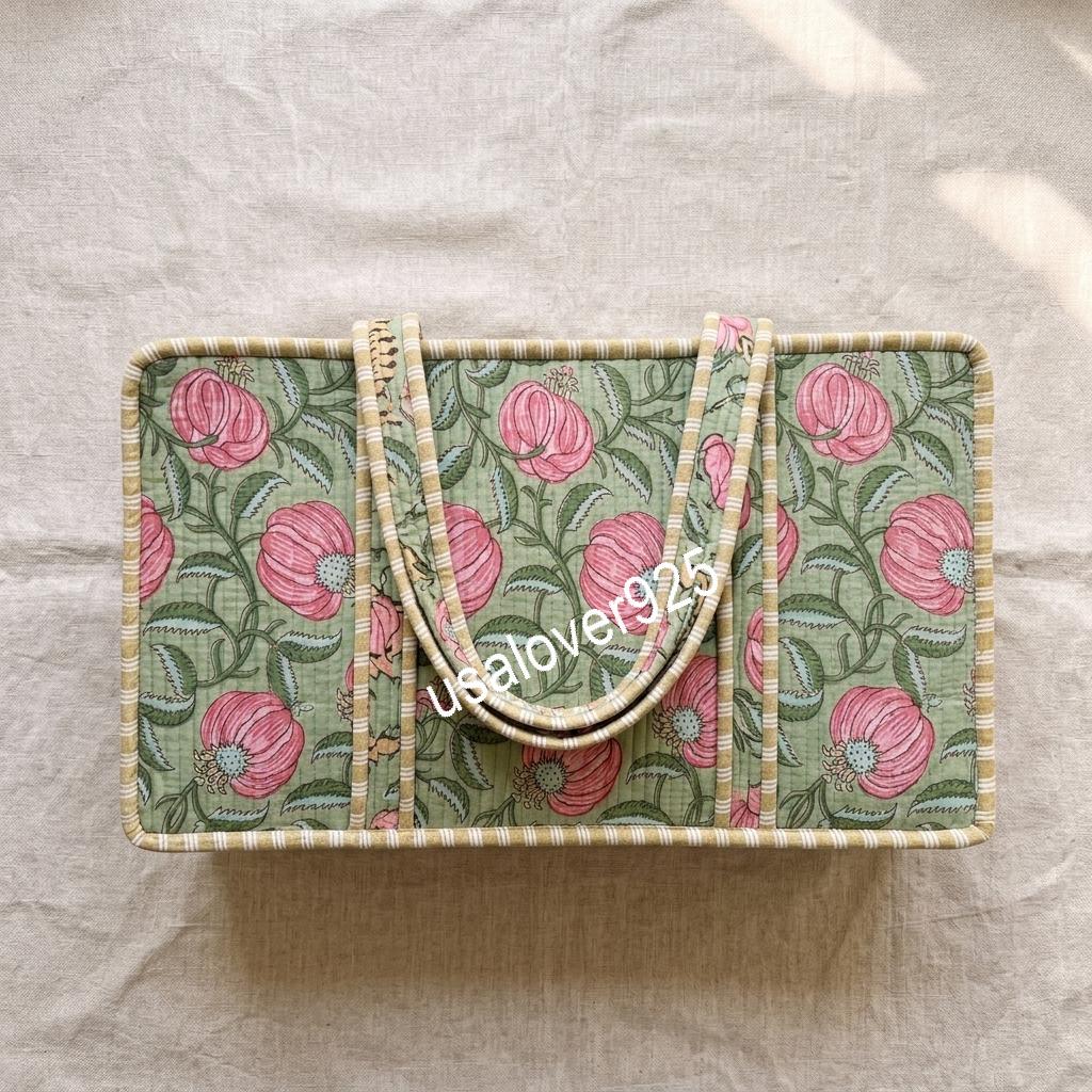 Handmade Quilted Cotton Mahjong Bag, Sage Green Pink Floral Tile Case, Travel Game Organizer
