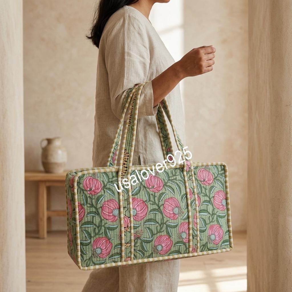 Handmade Quilted Cotton Mahjong Bag, Sage Green Pink Floral Tile Case, Travel Game Organizer