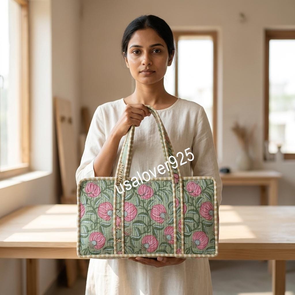 Handmade Quilted Cotton Mahjong Bag, Sage Green Pink Floral Tile Case, Travel Game Organizer