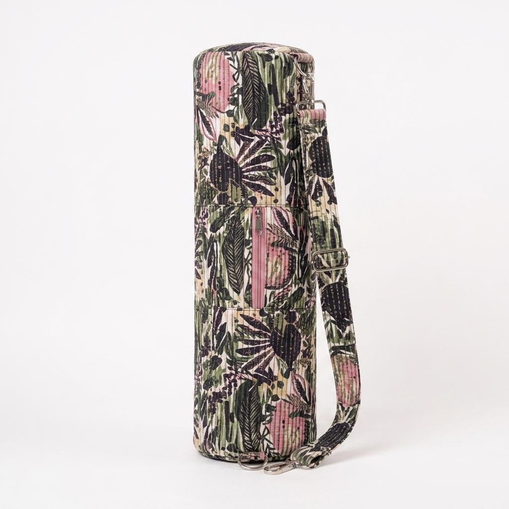 Cream Floral Quilted Cotton Yoga Mat Bag, Handcrafted Duffle Sling Shoulder Tote Carrier