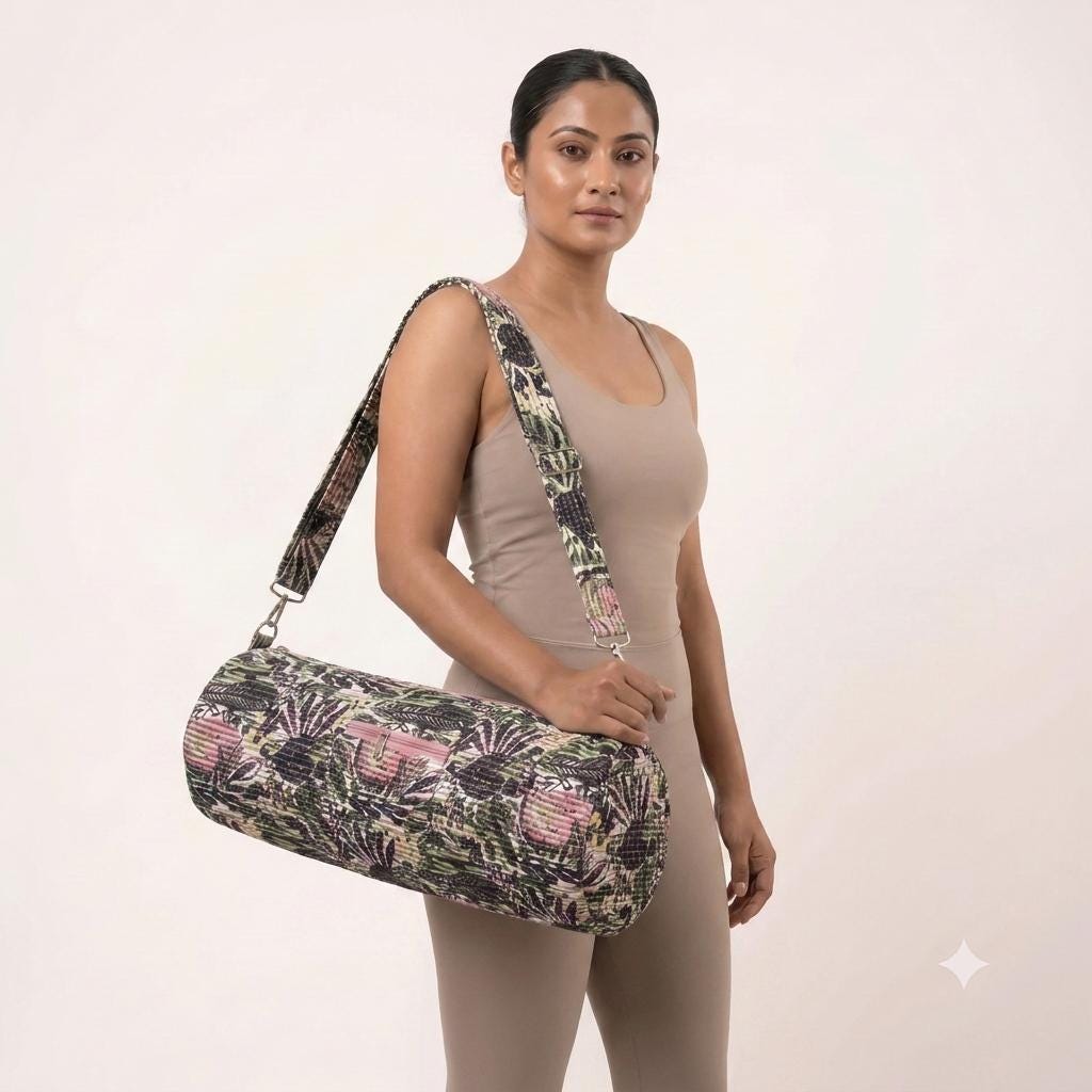Cream Floral Quilted Cotton Yoga Mat Bag, Handcrafted Duffle Sling Shoulder Tote Carrier