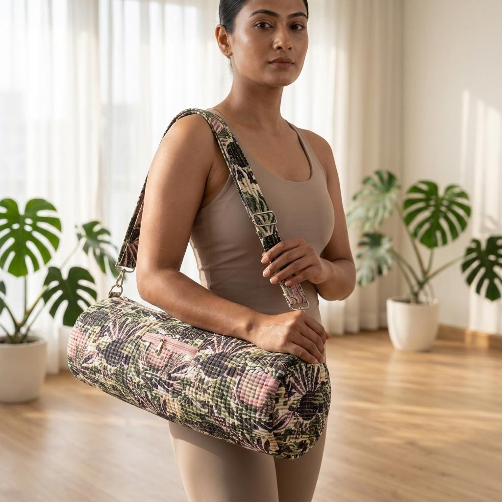 Cream Floral Quilted Cotton Yoga Mat Bag, Handcrafted Duffle Sling Shoulder Tote Carrier