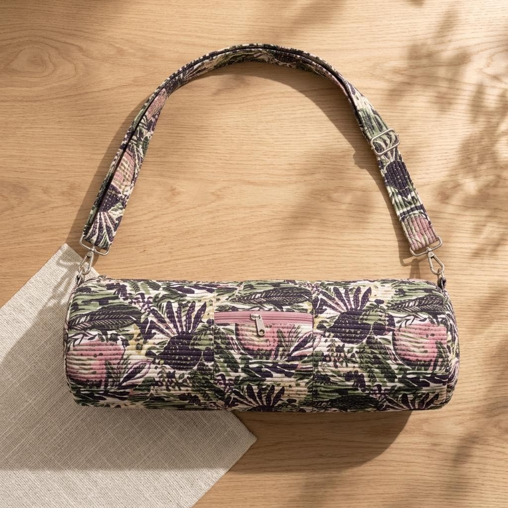 Cream Floral Quilted Cotton Yoga Mat Bag, Handcrafted Duffle Sling Shoulder Tote Carrier