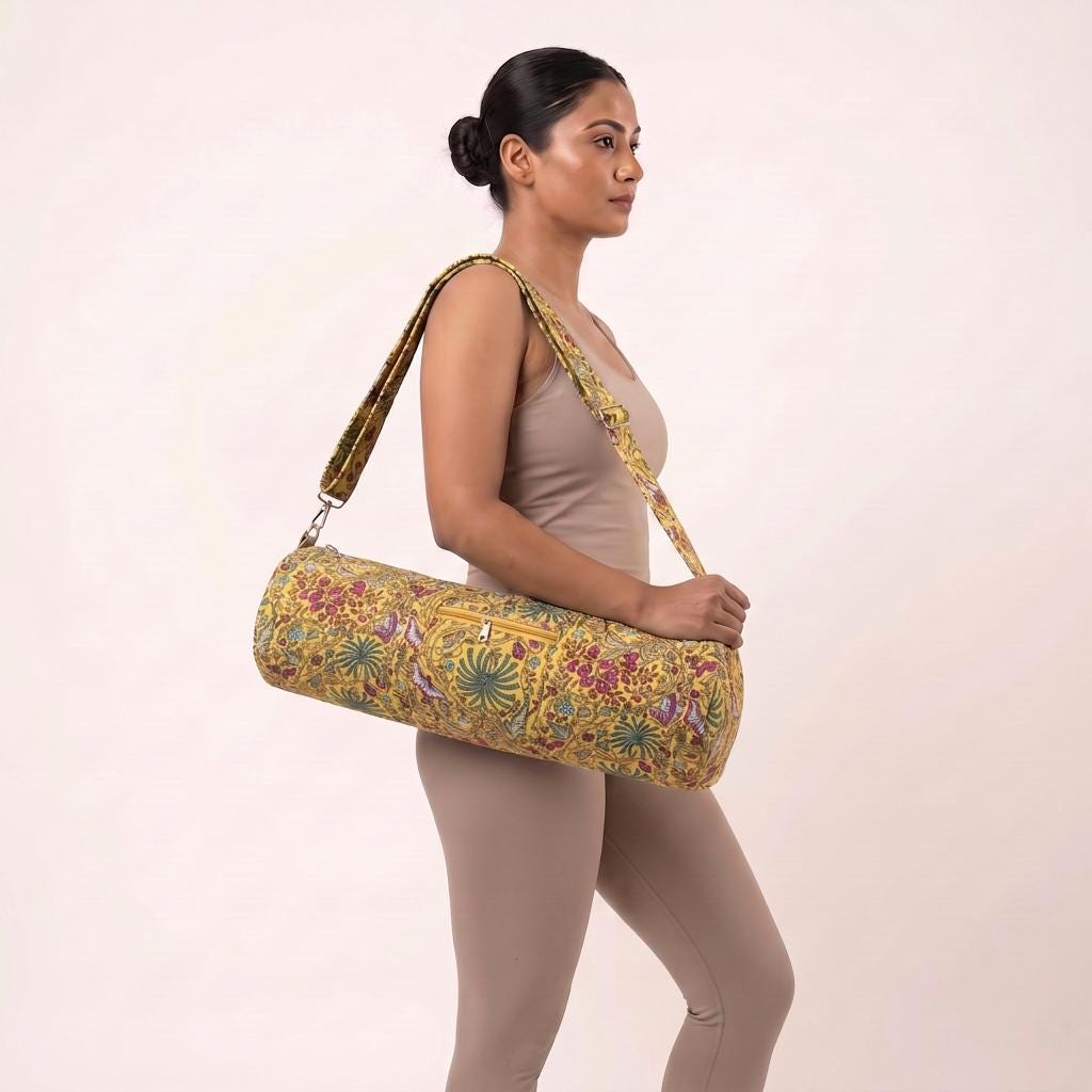 Handmade Yellow Floral Quilted Cotton Yoga Mat Bag Carrier Tote Sling Gym Travel Boho