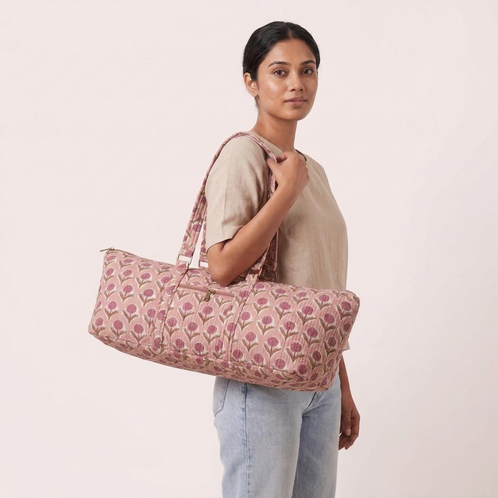 Handmade Pink Floral Quilted Cotton Yoga Mat Bag Carrier Tote Boho Gym Travel Duffle