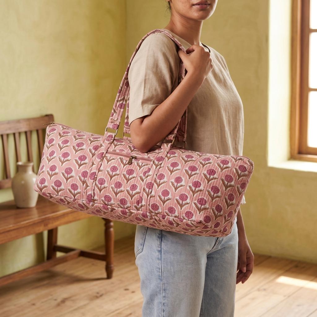 Handmade Pink Floral Quilted Cotton Yoga Mat Bag Carrier Tote Boho Gym Travel Duffle