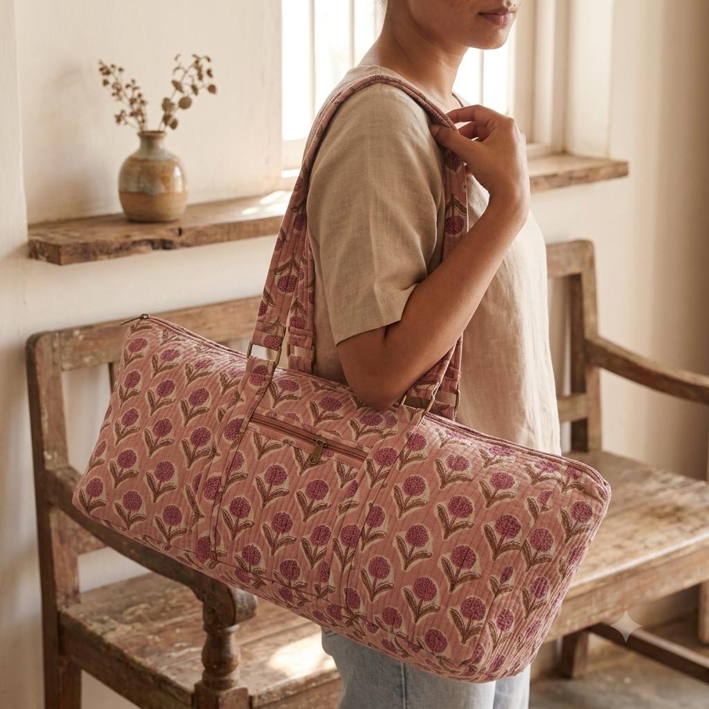 Handmade Pink Floral Quilted Cotton Yoga Mat Bag Carrier Tote Boho Gym Travel Duffle
