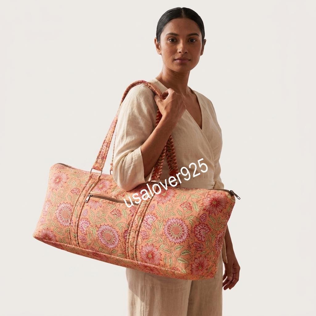Quilted Cotton Duffle Bag, Peach Floral Block Print Weekender Tote
