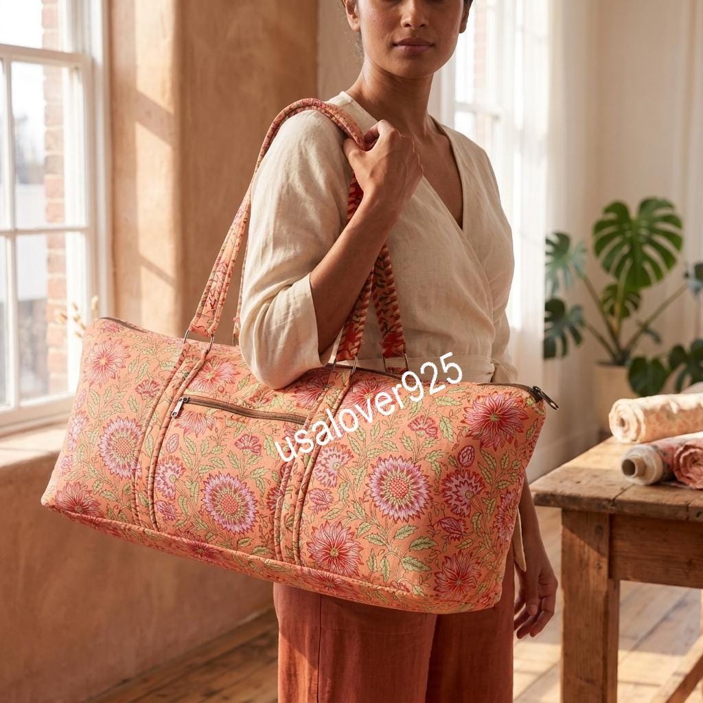 Quilted Cotton Duffle Bag, Peach Floral Block Print Weekender Tote