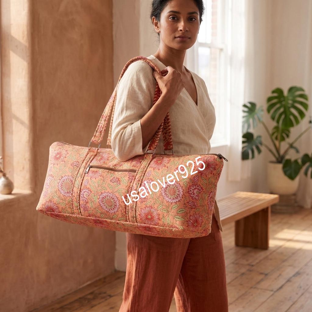 Quilted Cotton Duffle Bag, Peach Floral Block Print Weekender Tote