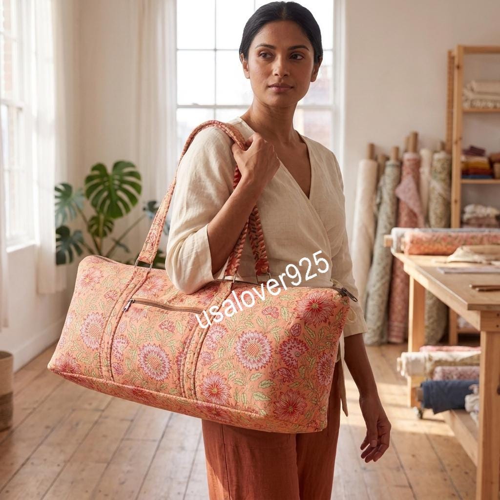 Quilted Cotton Duffle Bag, Peach Floral Block Print Weekender Tote