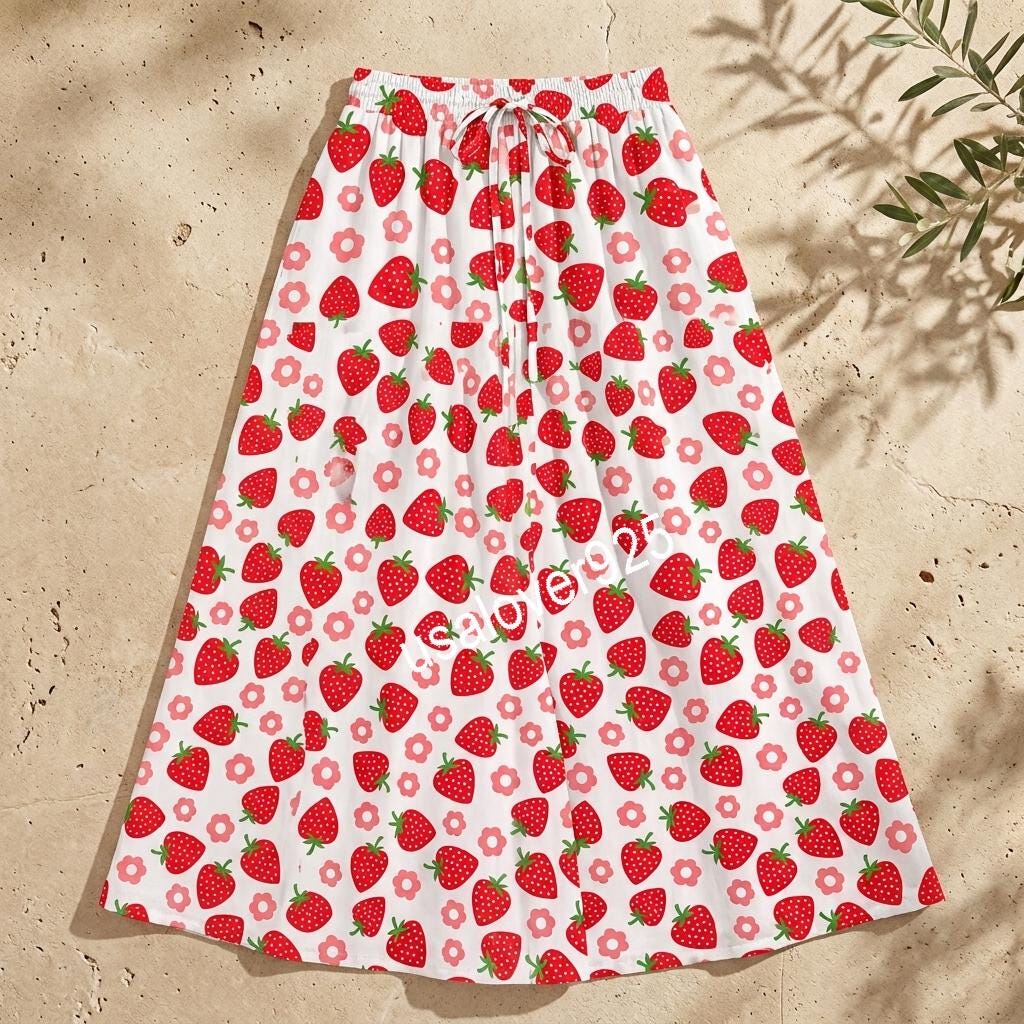 Handmade Cotton Maxi Skirt, Red Strawberry Print, Long Flared Summer Apparel, Elastic Waist Pockets