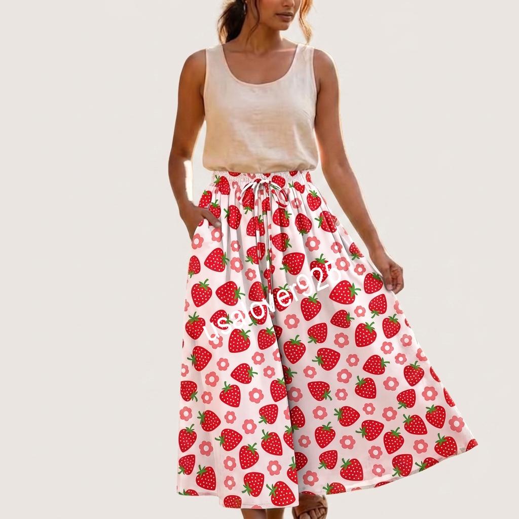Handmade Cotton Maxi Skirt, Red Strawberry Print, Long Flared Summer Apparel, Elastic Waist Pockets