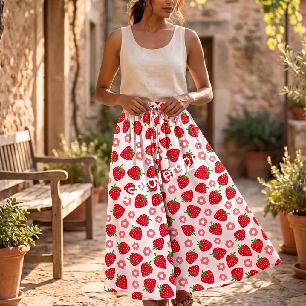 Handmade Cotton Maxi Skirt, Red Strawberry Print, Long Flared Summer Apparel, Elastic Waist Pockets