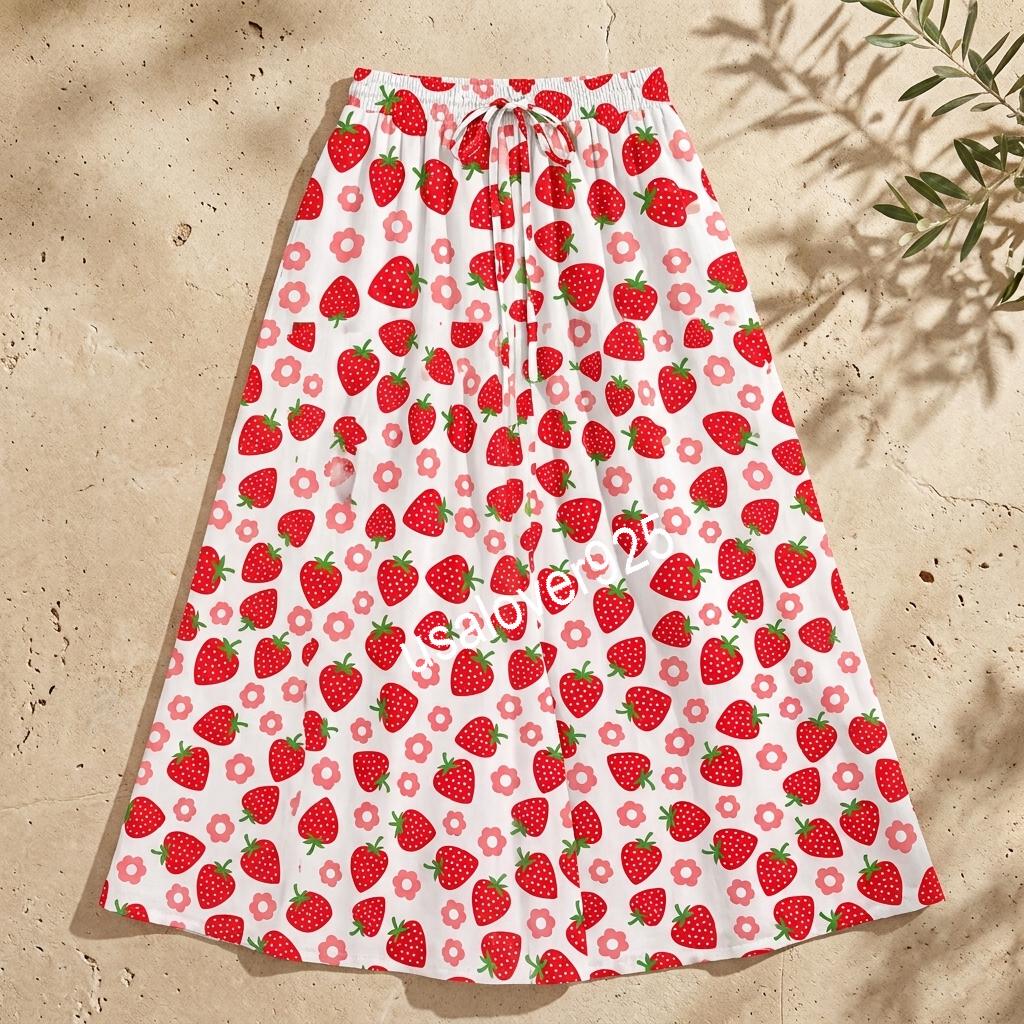 Handmade Cotton Maxi Skirt, Red Strawberry Print, Long Flared Summer Apparel, Elastic Waist Pockets