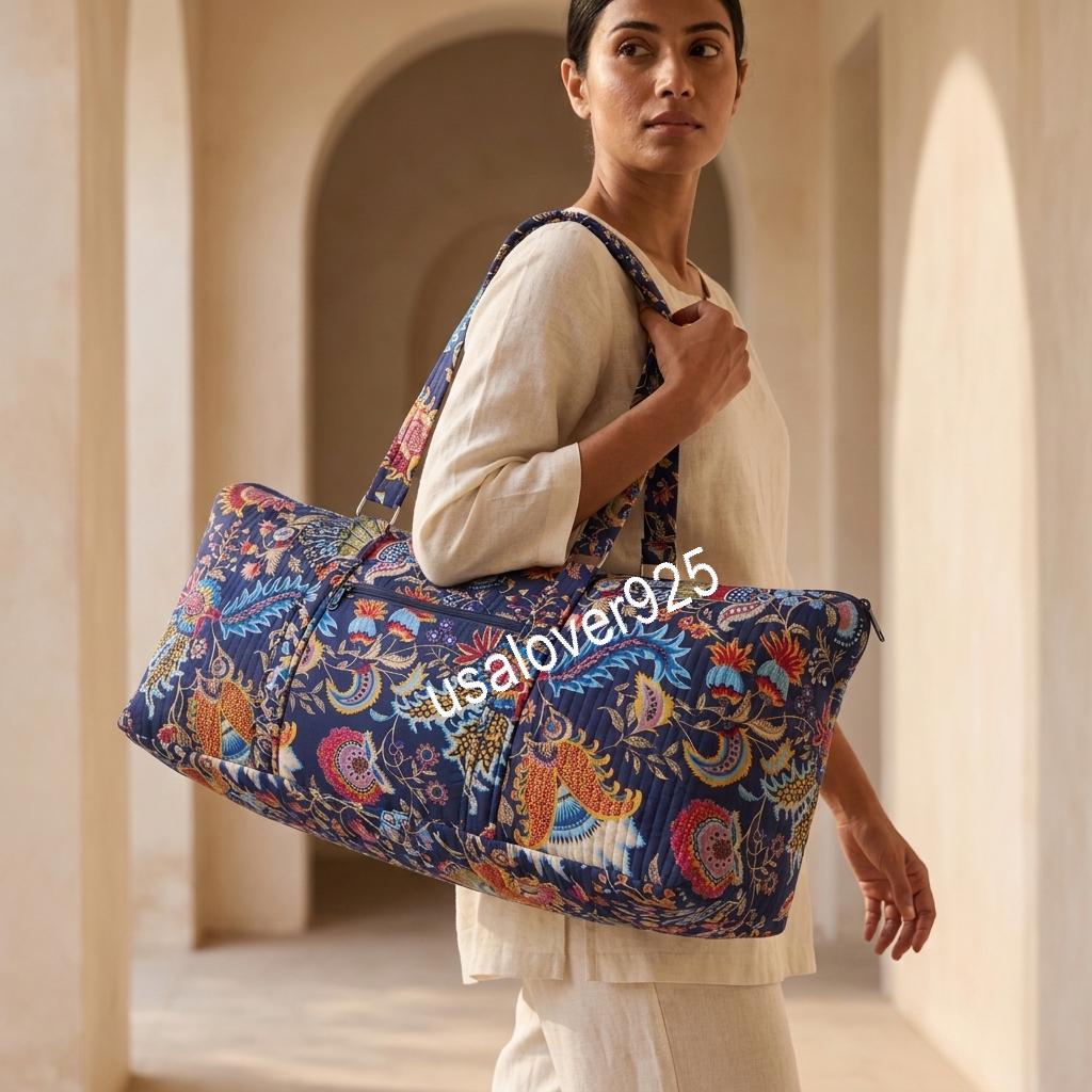 Quilted Cotton Duffle Bag, Navy Paisley Floral Travel Tote, Hand Block Print Weekender