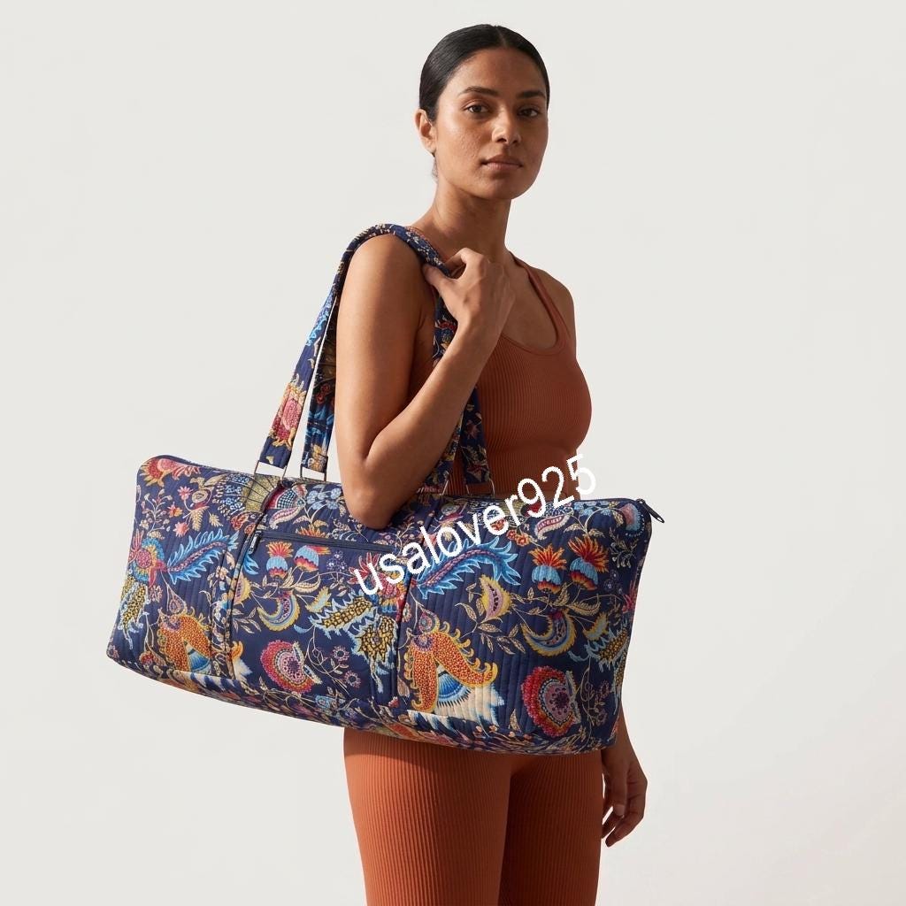 Quilted Cotton Duffle Bag, Navy Paisley Floral Travel Tote, Hand Block Print Weekender