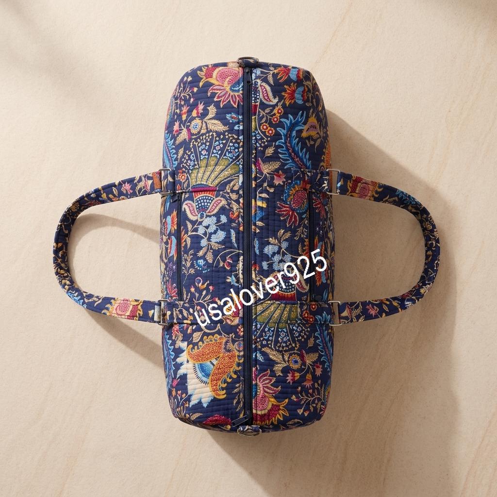 Quilted Cotton Duffle Bag, Navy Paisley Floral Travel Tote, Hand Block Print Weekender