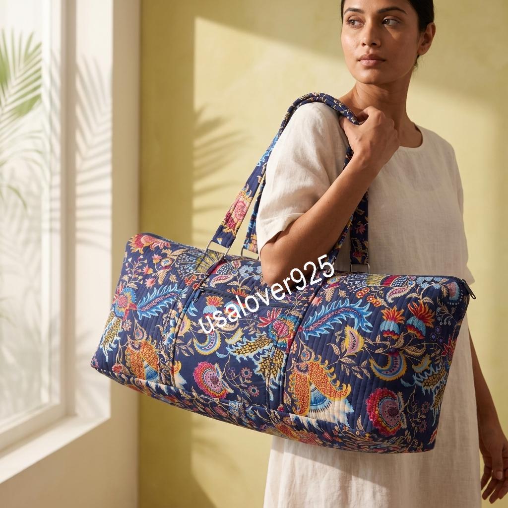 Quilted Cotton Duffle Bag, Navy Paisley Floral Travel Tote, Hand Block Print Weekender
