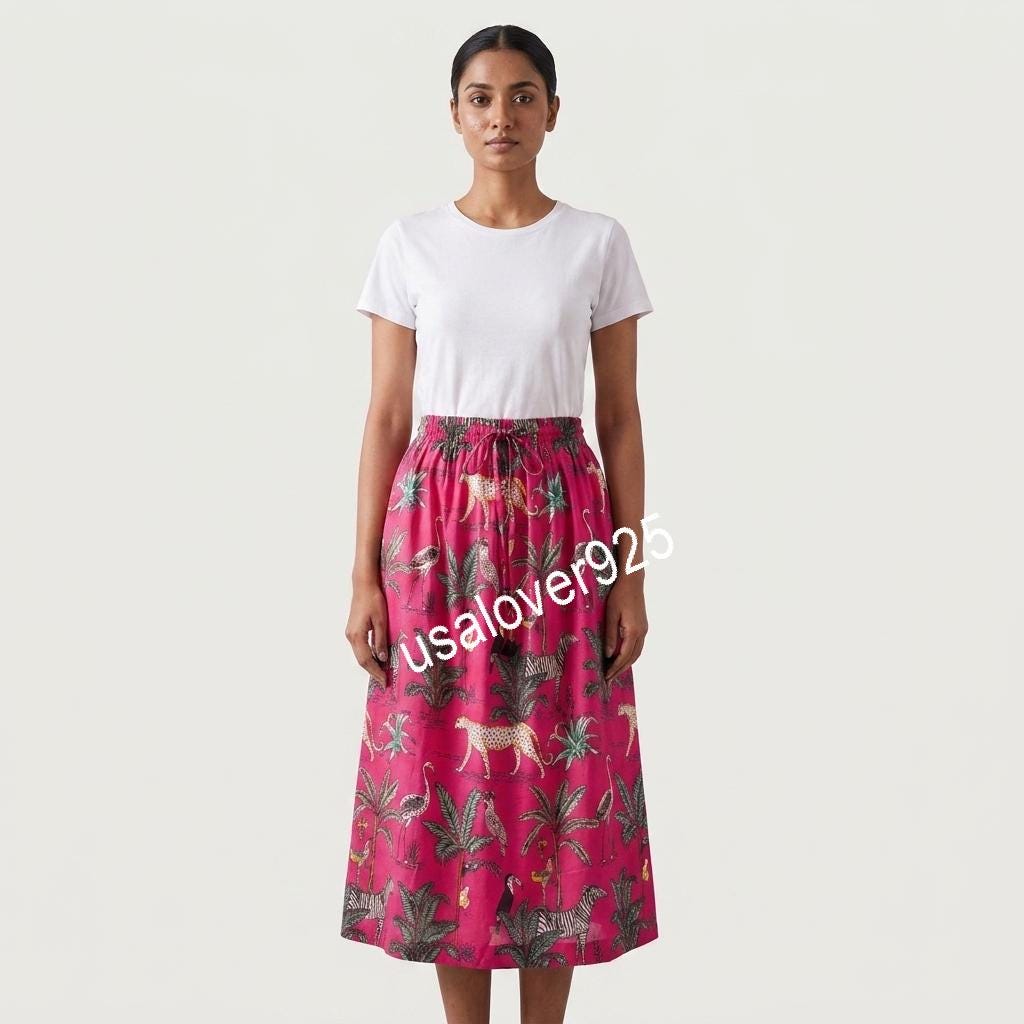 Hand Block Print Cotton Maxi Skirt: Pink Safari Leopard Boho Summer Flared Skirt