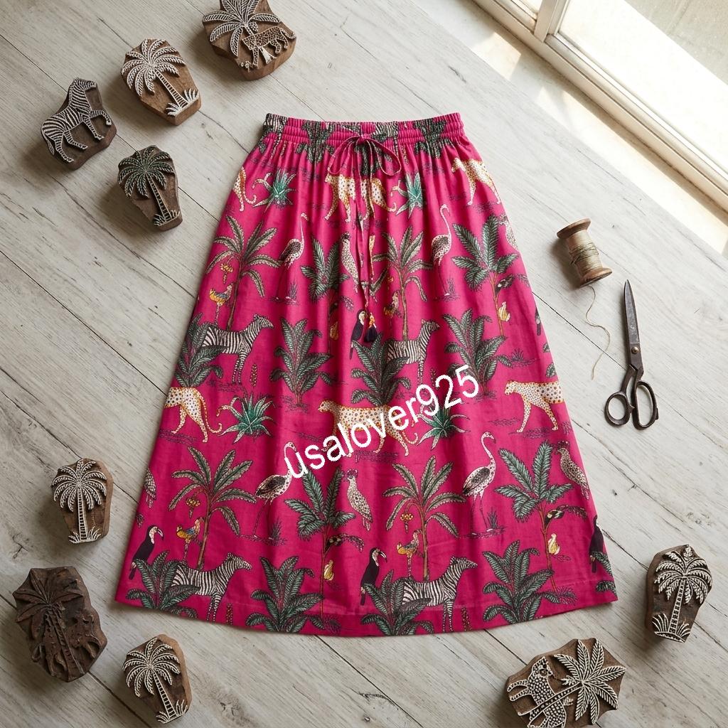 Hand Block Print Cotton Maxi Skirt: Pink Safari Leopard Boho Summer Flared Skirt