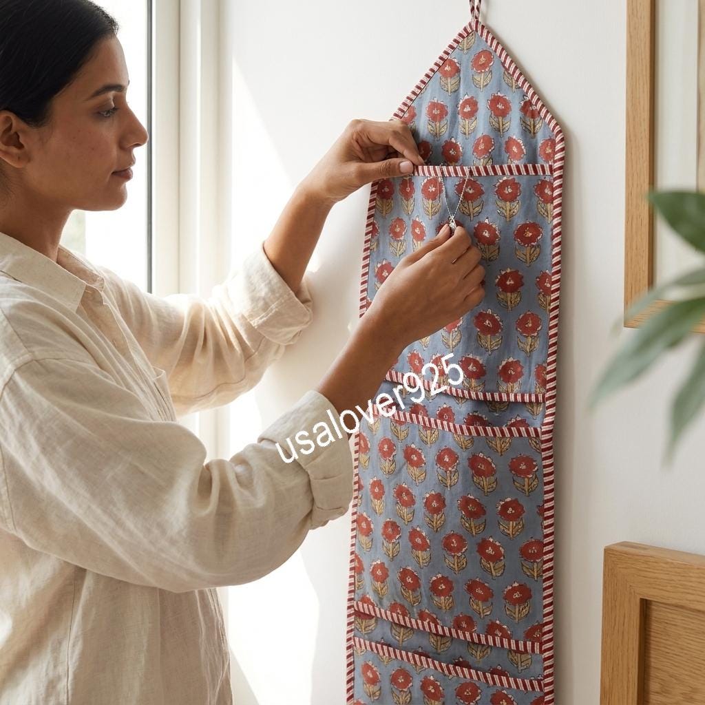 Handmade Quilted Cotton Wall Organizer: Blue Red Floral Print Pockets Storage Hanger