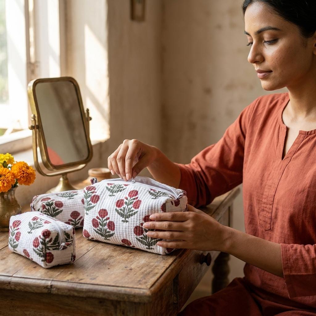White Floral Quilted Cotton Cosmetic Bag Set, Handcrafted Makeup Travel Pouch Toiletries Organizer