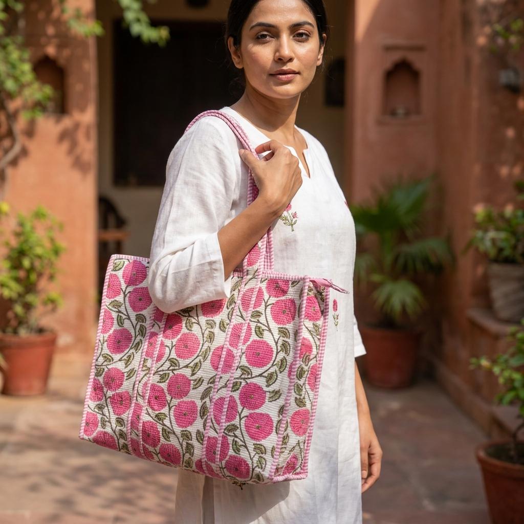 White Pink Floral Quilted Cotton Tote Bag, Handcrafted Block Print Weekend Travel Purse