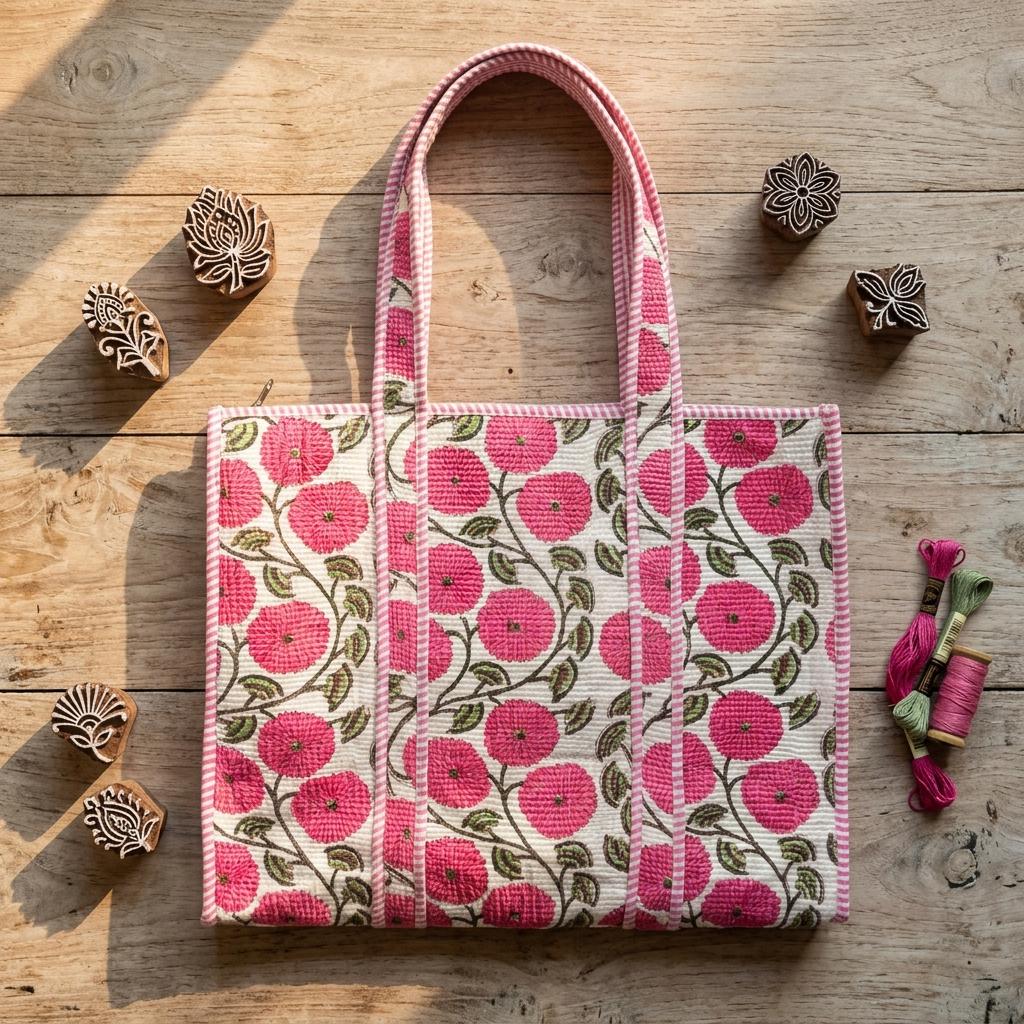 White Pink Floral Quilted Cotton Tote Bag, Handcrafted Block Print Weekend Travel Purse