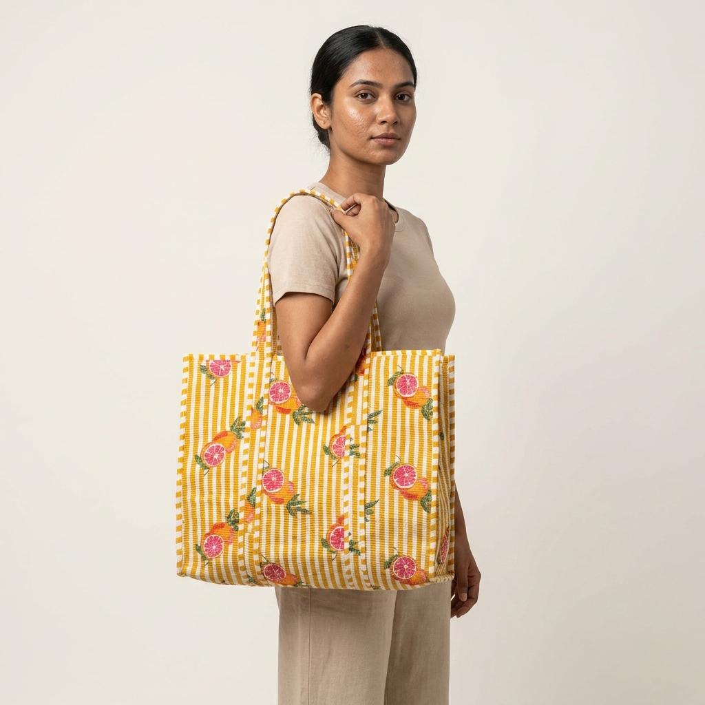 Yellow Striped Quilted Cotton Tote Bag, Handcrafted Block Print Weekend Travel Fruit Purse