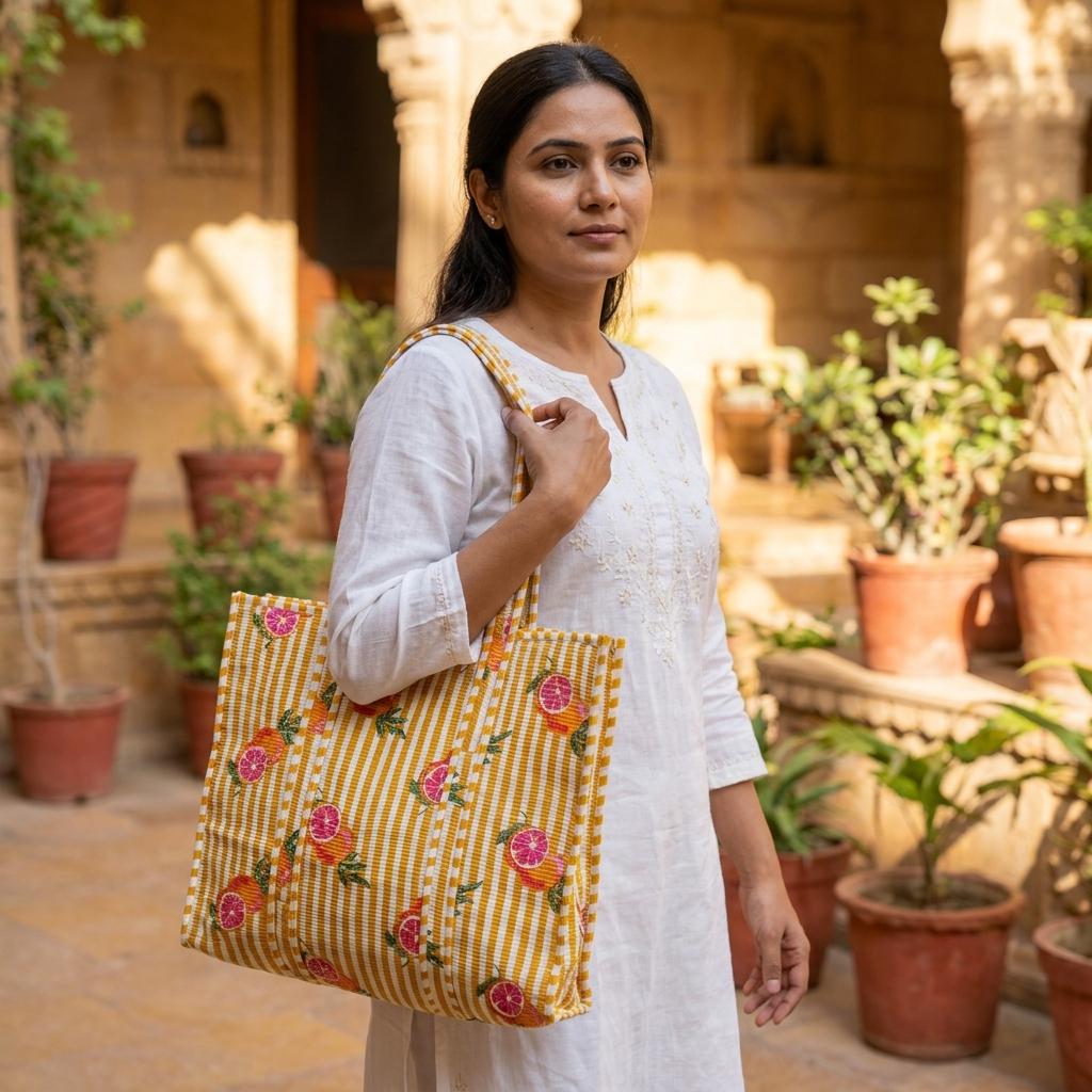 Yellow Striped Quilted Cotton Tote Bag, Handcrafted Block Print Weekend Travel Fruit Purse