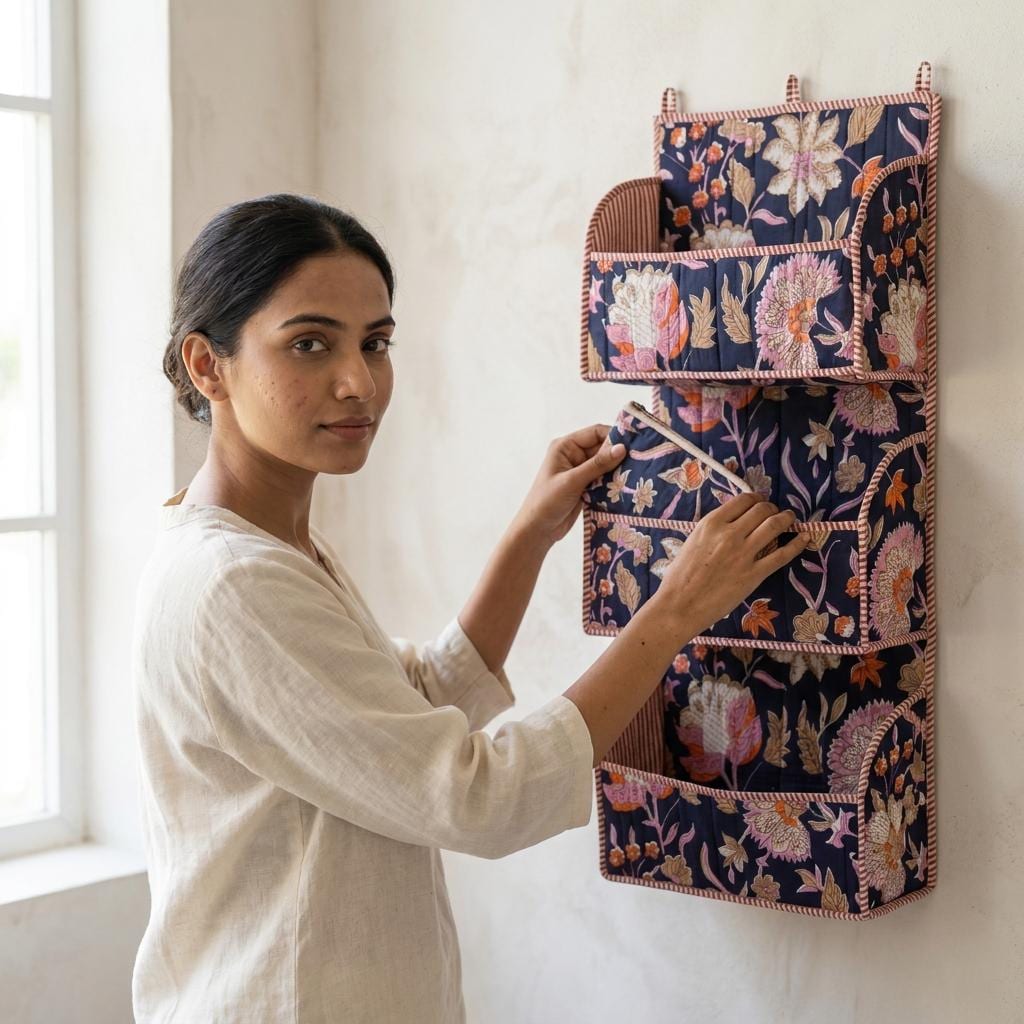 Indigo Floral Quilted Cotton Wall Hanging Organizer, Handcrafted Block Print Three Pocket Storage
