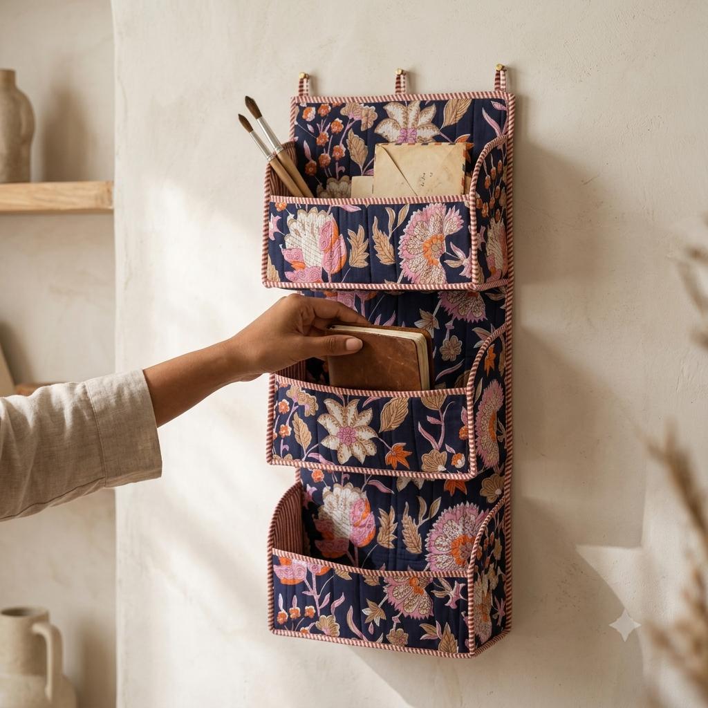 Indigo Floral Quilted Cotton Wall Hanging Organizer, Handcrafted Block Print Three Pocket Storage
