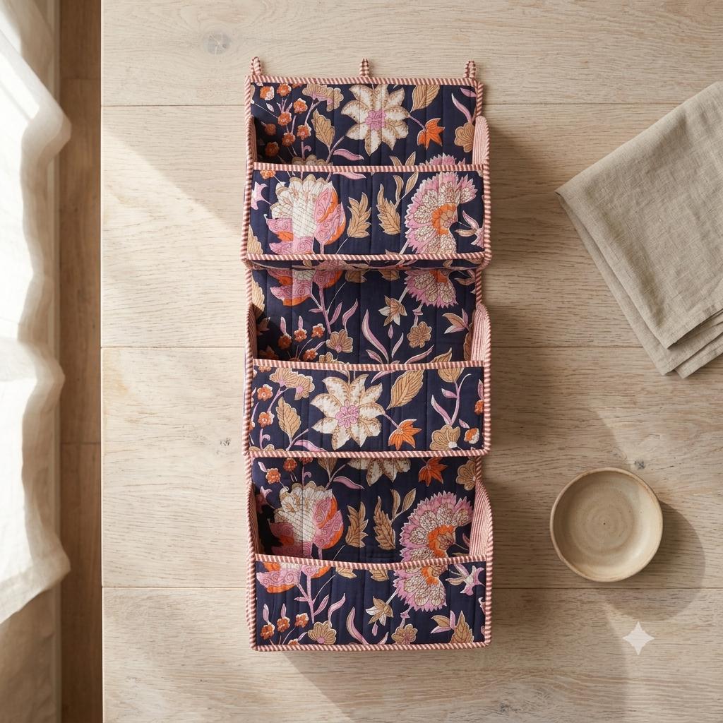 Indigo Floral Quilted Cotton Wall Hanging Organizer, Handcrafted Block Print Three Pocket Storage