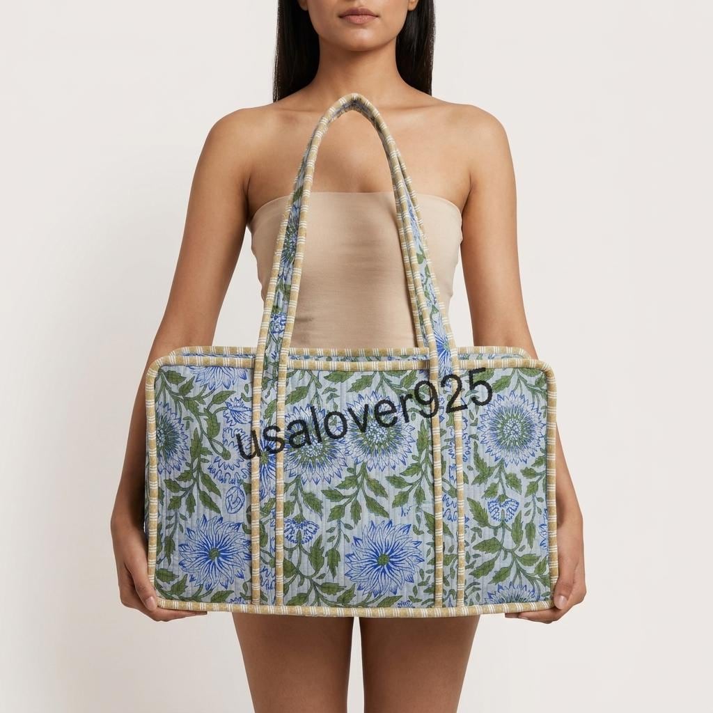 Handmade Quilted Cotton Mahjong Bag: Light Blue Floral Travel Tote