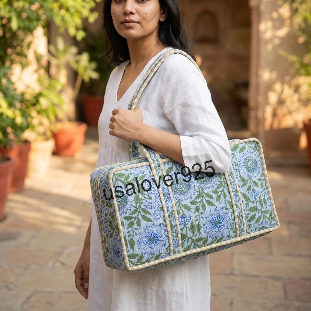 Handmade Quilted Cotton Mahjong Bag: Light Blue Floral Travel Tote