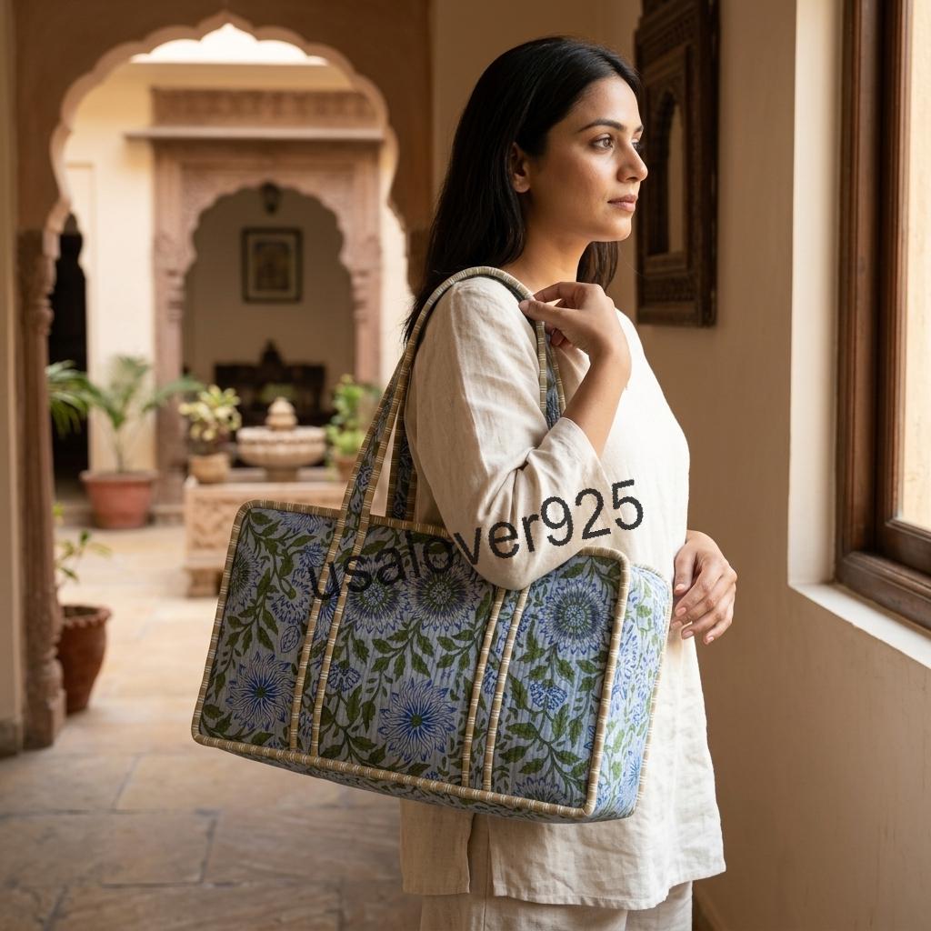 Handmade Quilted Cotton Mahjong Bag: Light Blue Floral Travel Tote