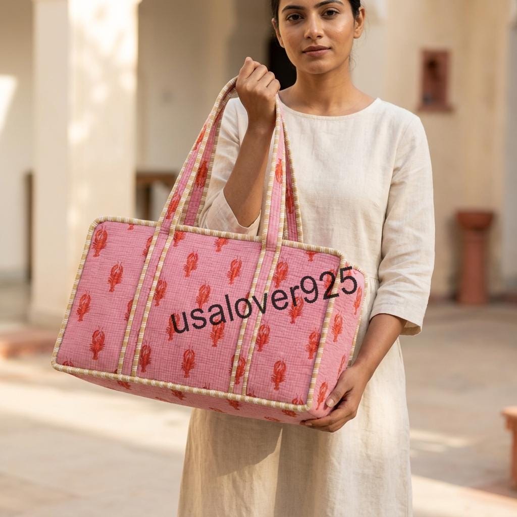 Handmade Quilted Cotton Mahjong Bag: Pink Lobster Print Game Travel Tote