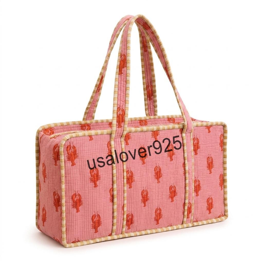 Handmade Quilted Cotton Mahjong Bag: Pink Lobster Print Game Travel Tote