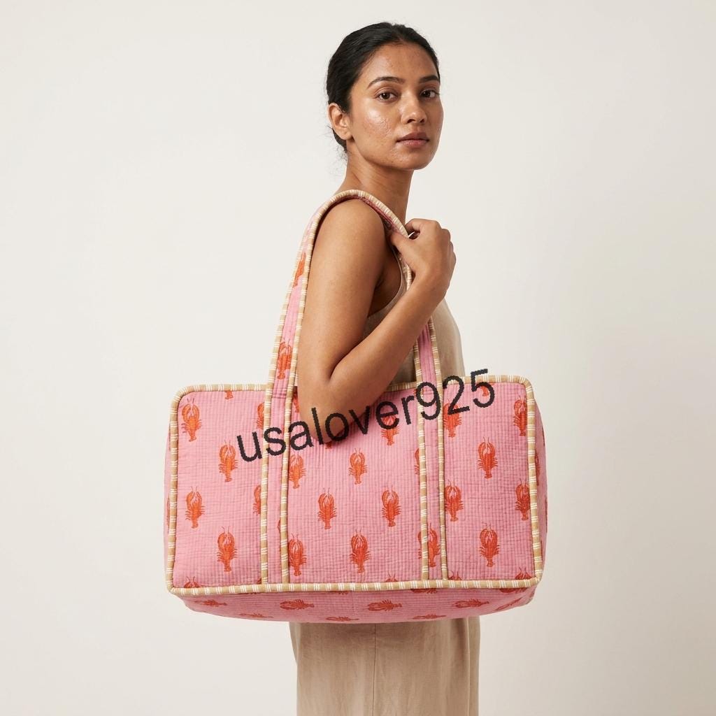 Handmade Quilted Cotton Mahjong Bag: Pink Lobster Print Game Travel Tote