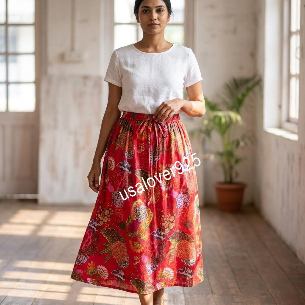 Hand Block Print Cotton Maxi Skirt: Red Floral Boho Summer Flared Skirt