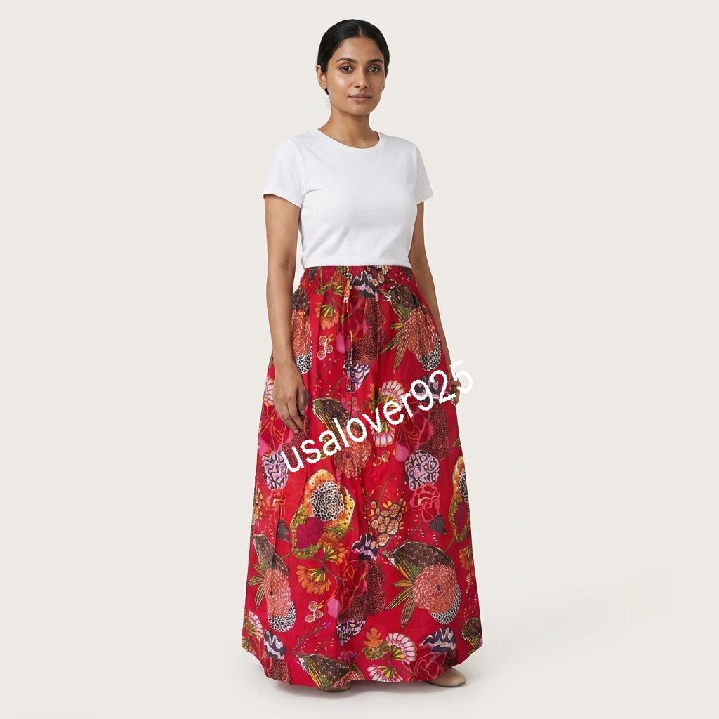 Hand Block Print Cotton Maxi Skirt: Red Floral Boho Summer Flared Skirt