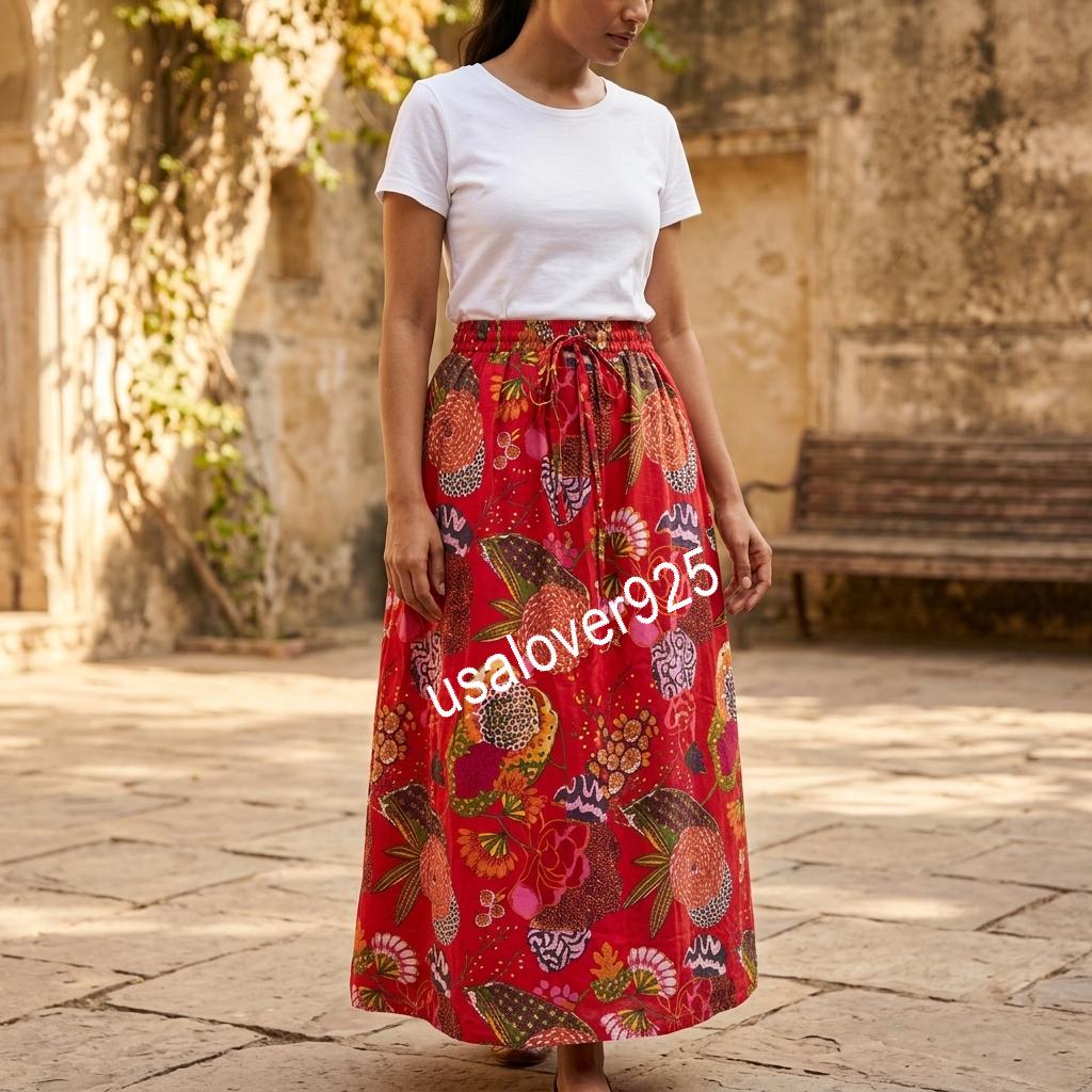 Hand Block Print Cotton Maxi Skirt: Red Floral Boho Summer Flared Skirt