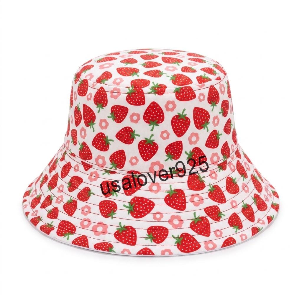 Handmade Quilted Cotton Sun Hat, Red Strawberry Print, Wide Brim Bucket Cap, Packable Summer