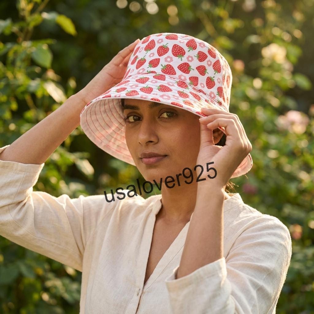 Handmade Quilted Cotton Sun Hat, Red Strawberry Print, Wide Brim Bucket Cap, Packable Summer
