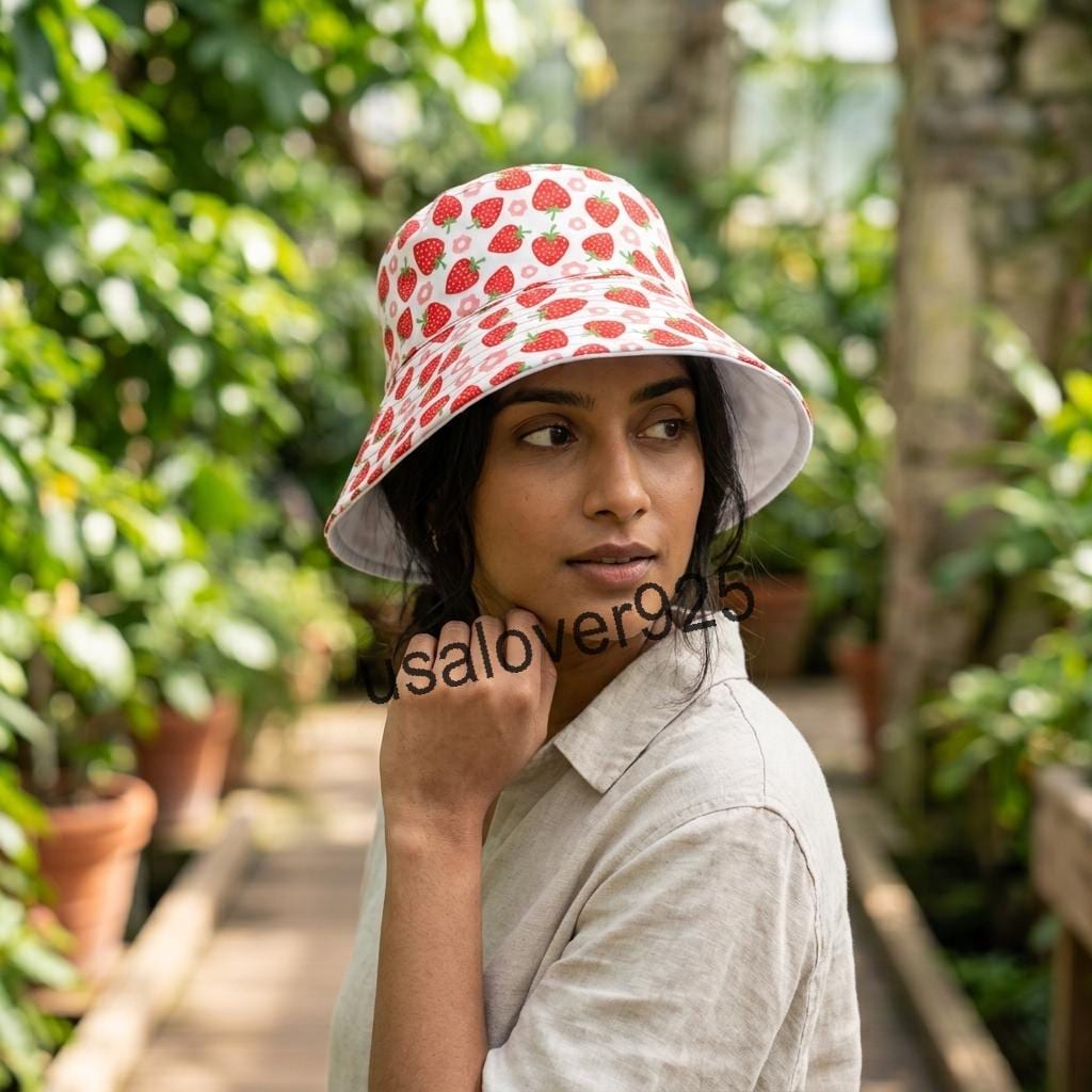 Handmade Quilted Cotton Sun Hat, Red Strawberry Print, Wide Brim Bucket Cap, Packable Summer
